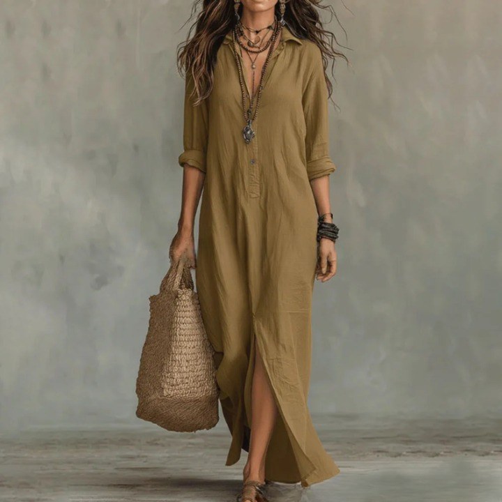 Linen Shirt Maxi Dress Women in Mustard by Fashion Like You#colour_mustard