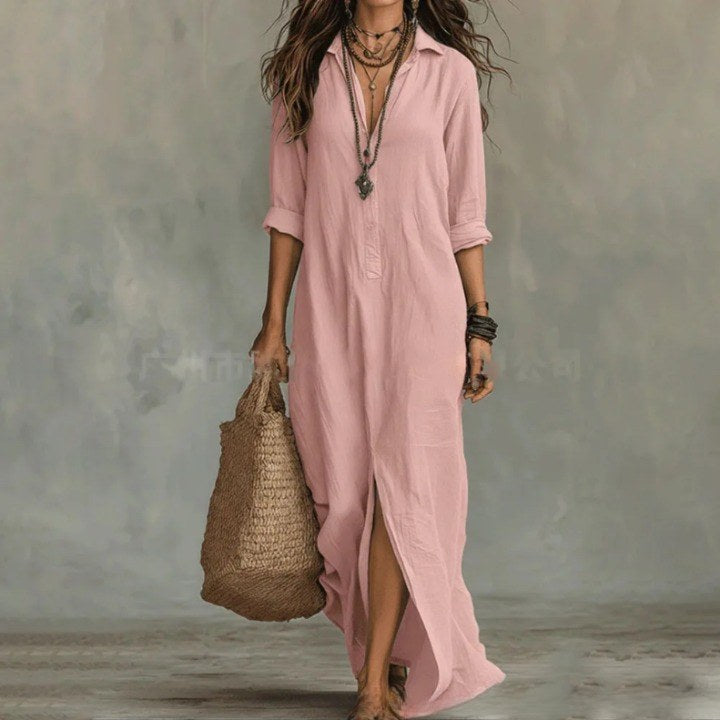 Linen Shirt Maxi Dress Women in Pink by Fashion Like You#colour_pink