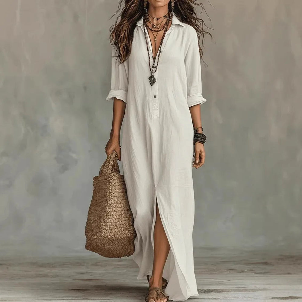 Linen Shirt Maxi Dress Women in White by Fashion Like You#colour_white