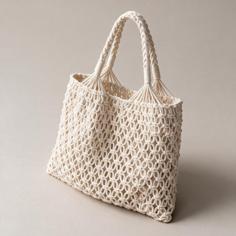 Macrame Bag Women Knotted Cotton | Open Net and Rope Handles #colour_white