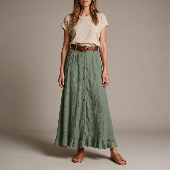Maxi Skirt Women Button Front | Crinkled Cotton and Wide Belt #colour_green