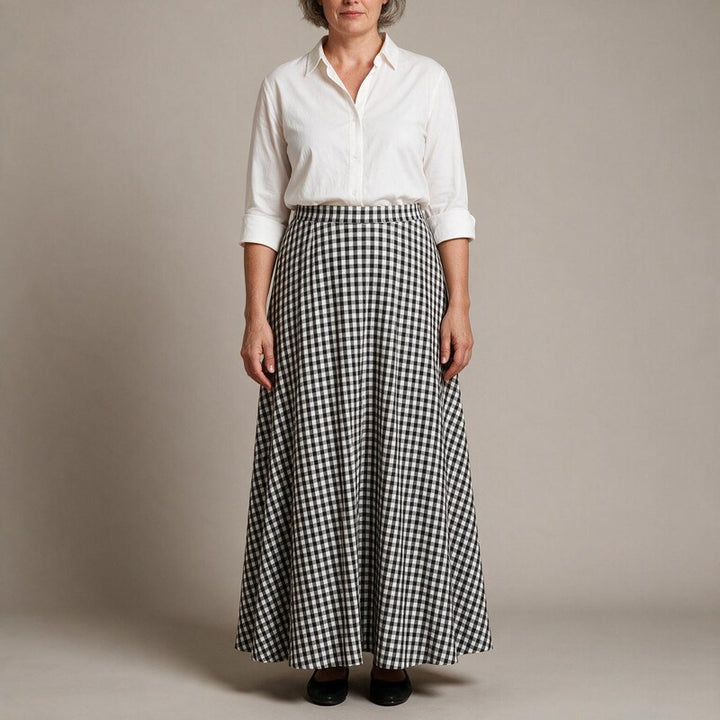 Maxi Skirt Women Gingham Check | Flared Cut on a Light Weave #colour_black
