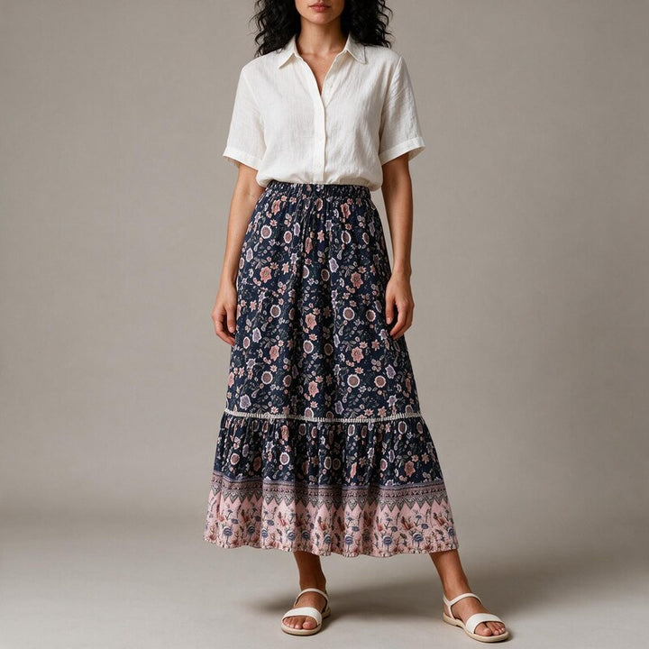 Maxi Skirt Women Paisley Print | Tiered Cut with Ruffled Hem #colour_navy