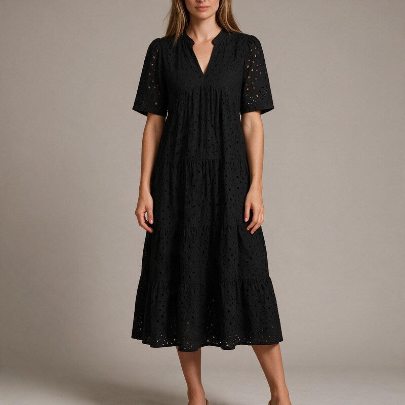 Midi Dress Women Broderie Eyelet | Breezy Tiered Puff Sleeve #colour_black