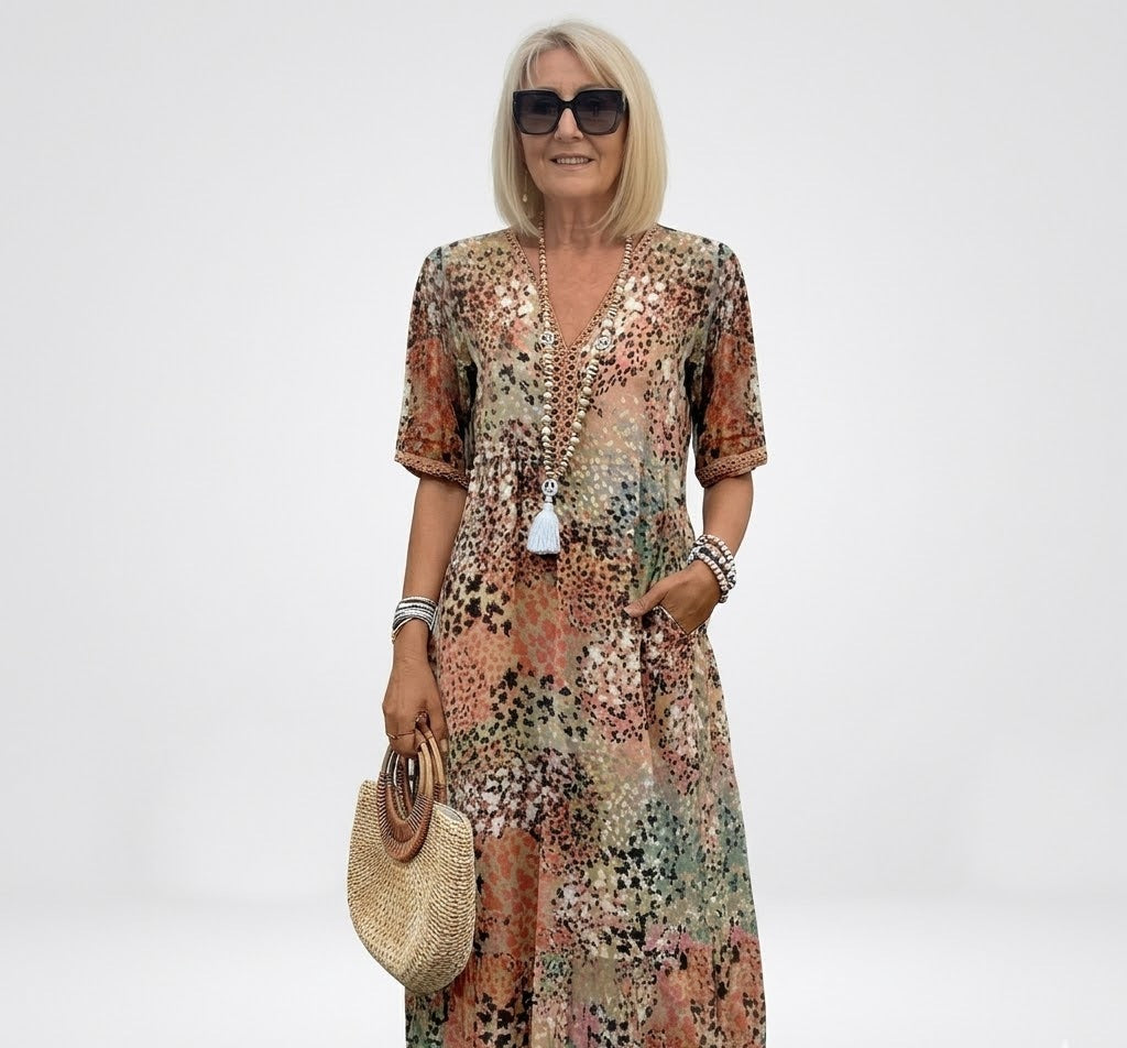 Midi Dress Women Button Front | Breezy Printed V Neck#colour_beige