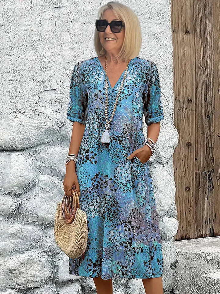 Midi Dress Women Button Front | Breezy Printed V Neck#colour_blue