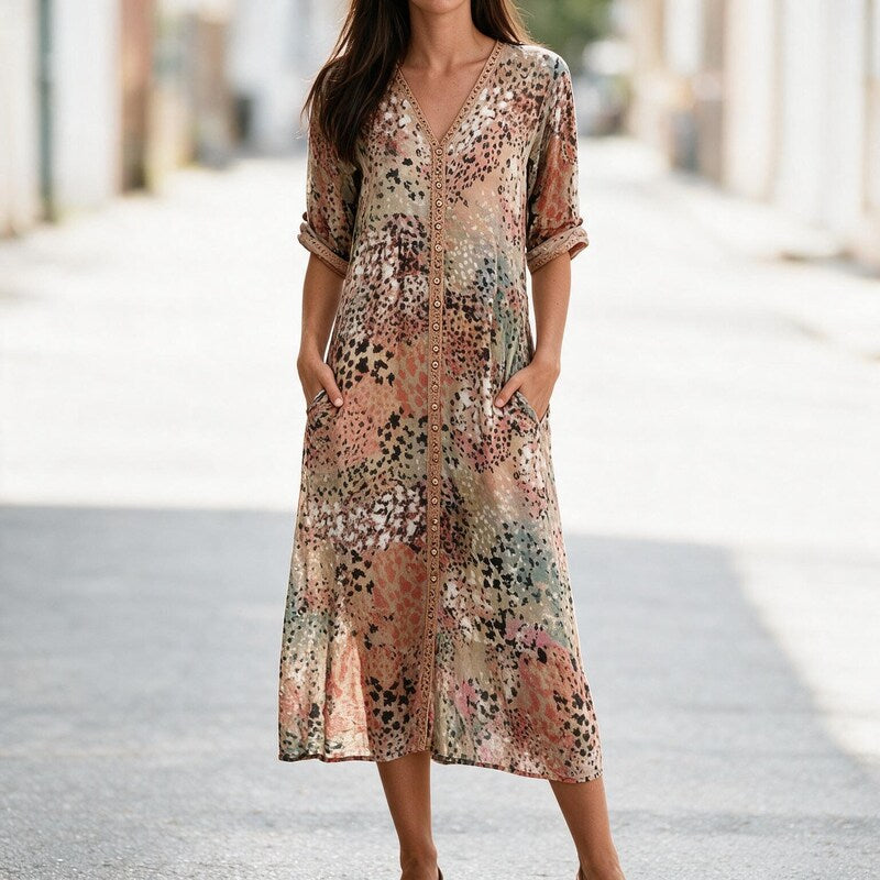 Midi Dress Women Button Front | Breezy Printed V Neck#colour_beige