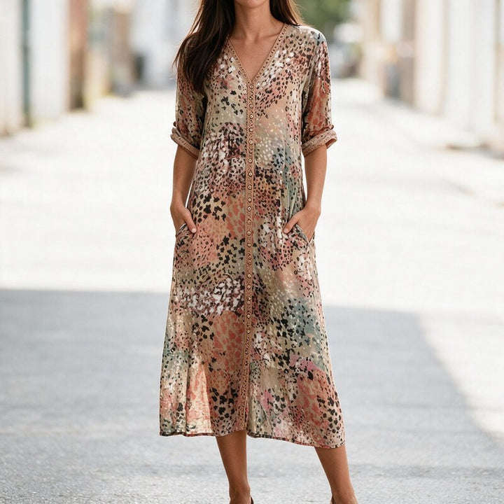 Midi Dress Women Button Front | Breezy Printed V Neck#colour_beige