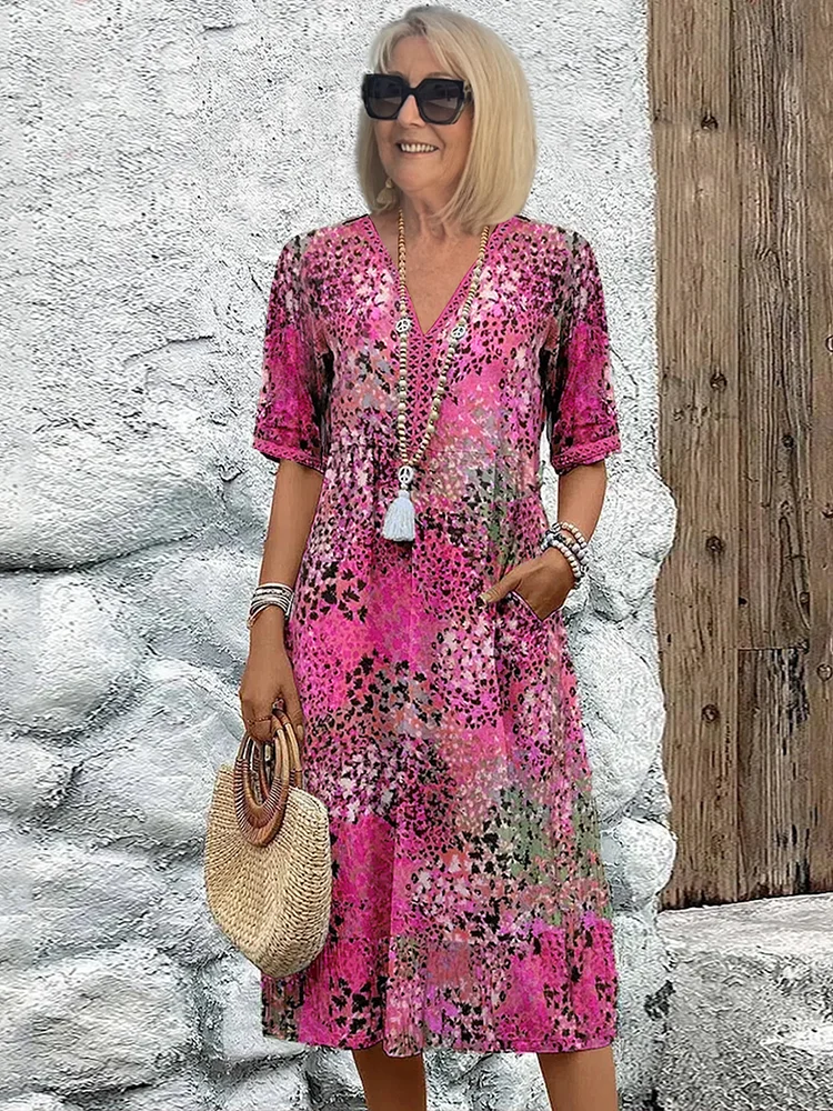 Midi Dress Women Button Front | Breezy Printed V Neck#colour_pink