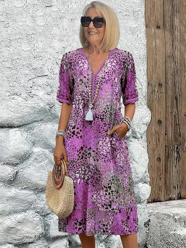 Midi Dress Women Button Front | Breezy Printed V Neck#colour_purple