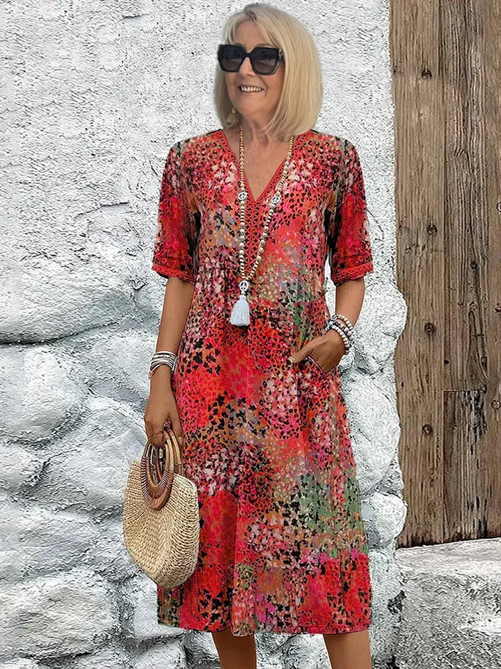 Midi Dress Women Button Front | Breezy Printed V Neck#colour_red