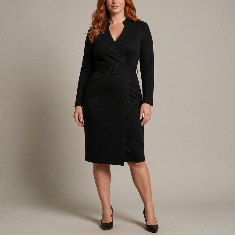 Midi Dress Women Collared | Elegant Long Sleeve Sheath#colour_black