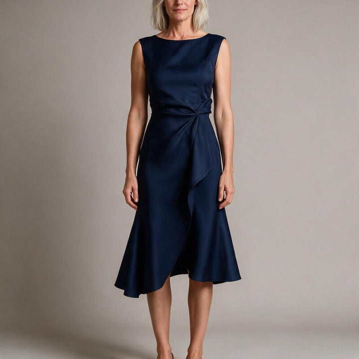 Midi Dress Women Draped Satin | Elegant Sleeveless Asymmetric Skirt #colour_navy