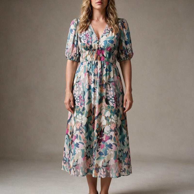 Midi Dress Women Floral Chiffon | Soft Puff Sleeve V Neck#colour_sage