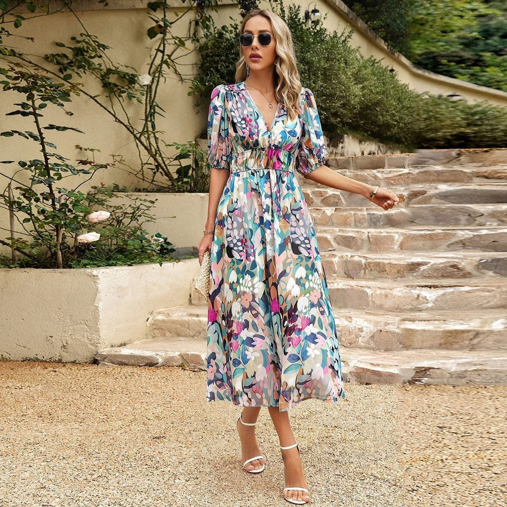 Midi Dress Women Floral Chiffon | Soft Puff Sleeve V Neck#colour_multicolour
