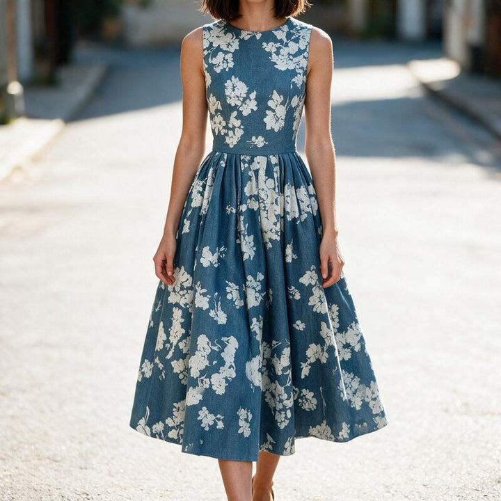 Midi Dress Women Floral Print | Elegant Sleeveless Full Skirt #colour_blue