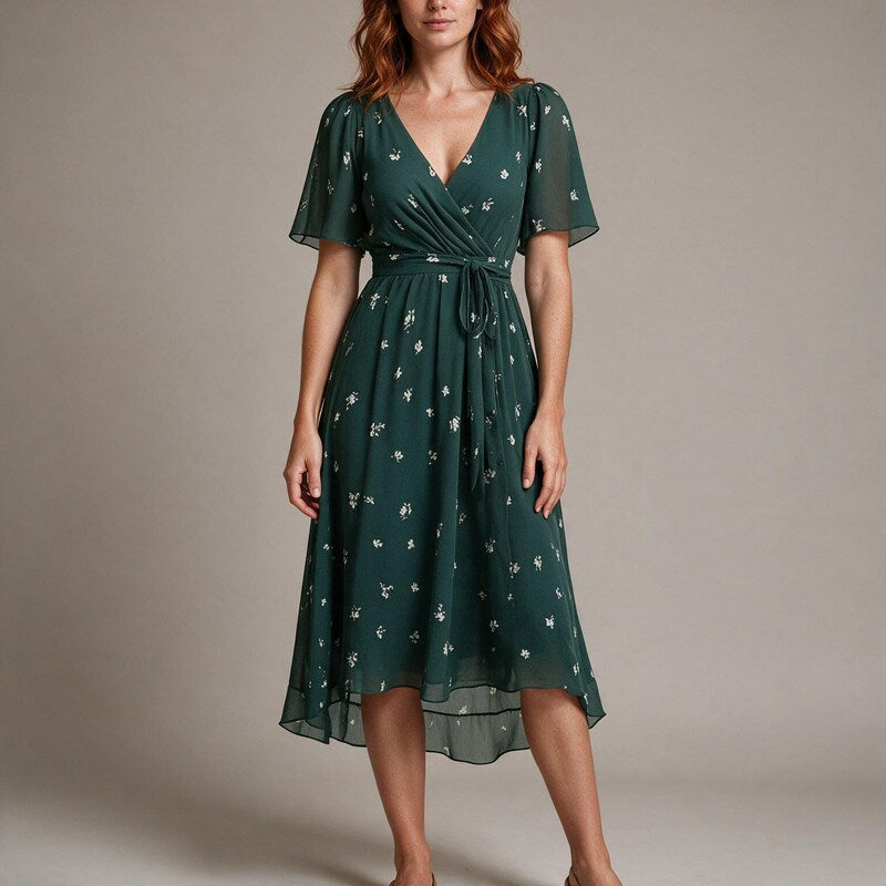 Midi Dress Women Handkerchief Hem | Breezy Floral Flutter Sleeve #colour_green