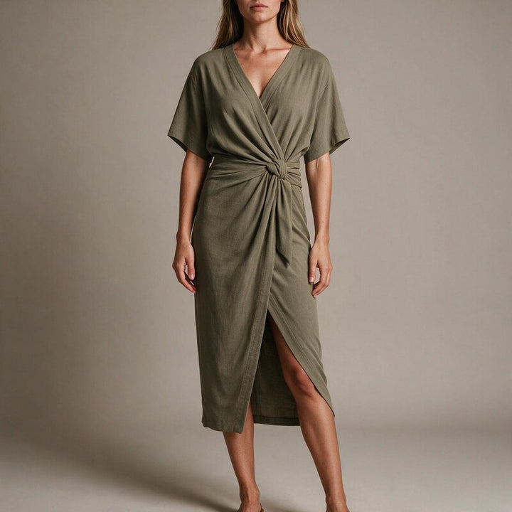 Midi Dress Women Knotted Waist | Elegant Faux Wrap Skirt #colour_olive