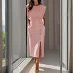 Midi Dress Women Padded Shoulder | Elegant Side Slit Pencil Skirt#colour_light-pink