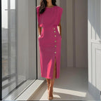 Midi Dress Women Padded Shoulder | Elegant Side Slit Pencil Skirt#colour_magenta