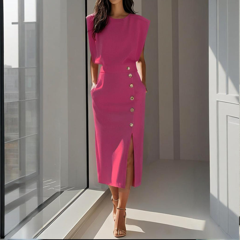 Midi Dress Women Padded Shoulder | Elegant Side Slit Pencil Skirt#colour_magenta