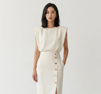 Midi Dress Women Padded Shoulder | Elegant Side Slit Pencil Skirt#colour_white