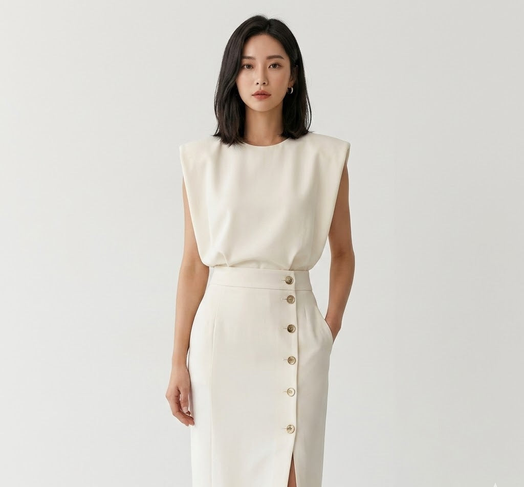 Midi Dress Women Padded Shoulder | Elegant Side Slit Pencil Skirt#colour_white