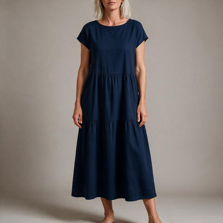Midi Dress Women Round Neck Tiered | Relaxed Short Sleeve with Pockets #colour_navy