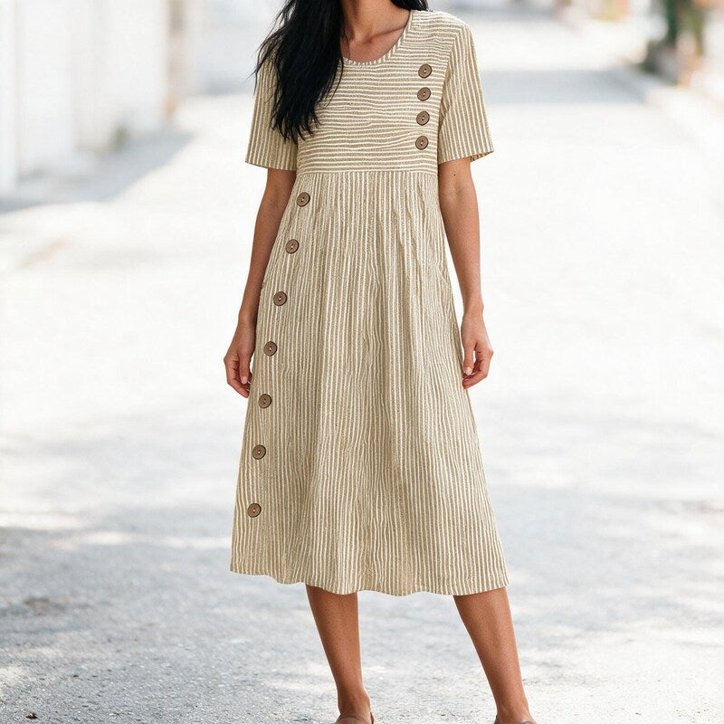 Midi Dress Women Striped Linen Look | Breezy Pleated Skirt with Buttons #colour_beige