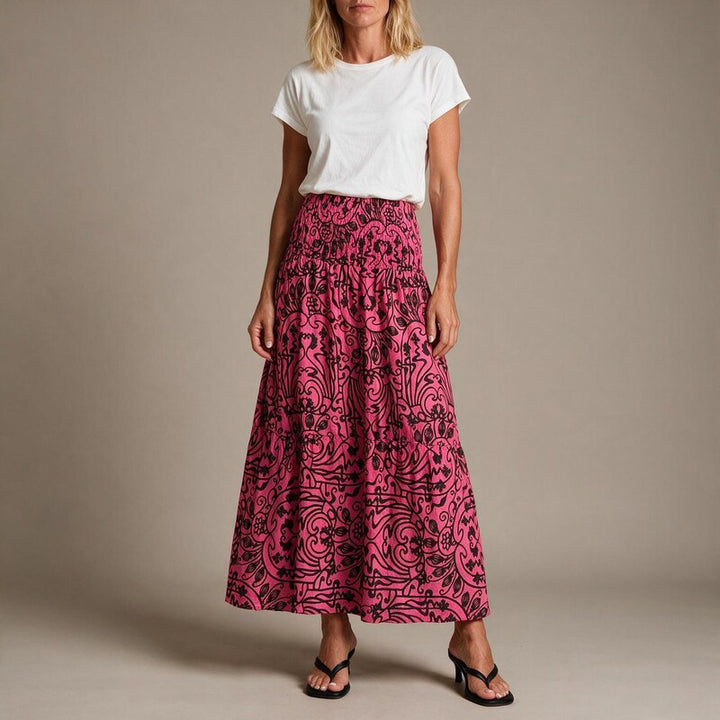 Midi Skirt Women Ornamental Print | Smocked Elasticated Waist #colour_magenta