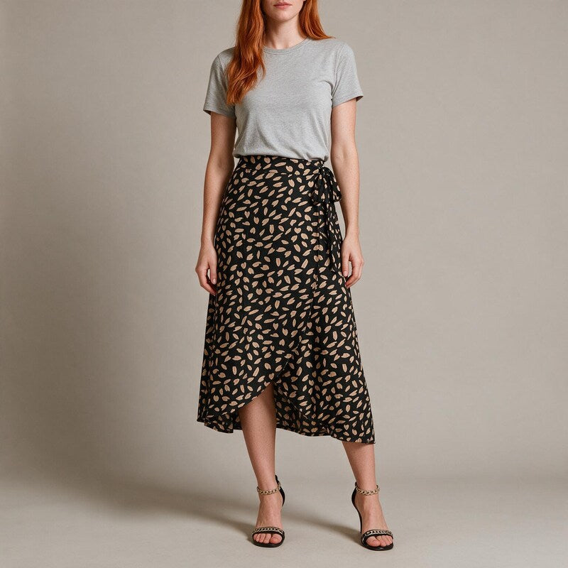 Midi Skirt Women Wrap Front | Tie Waist and an Abstract Print #colour_black