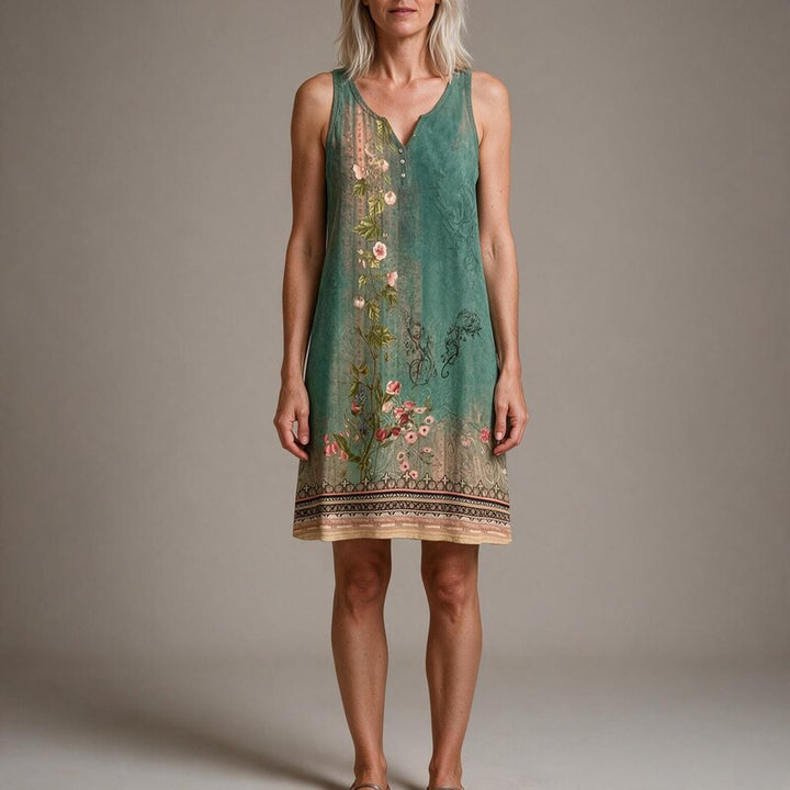 Mini Dress Women Border Print | Breezy Sleeveless V Neck #colour_green