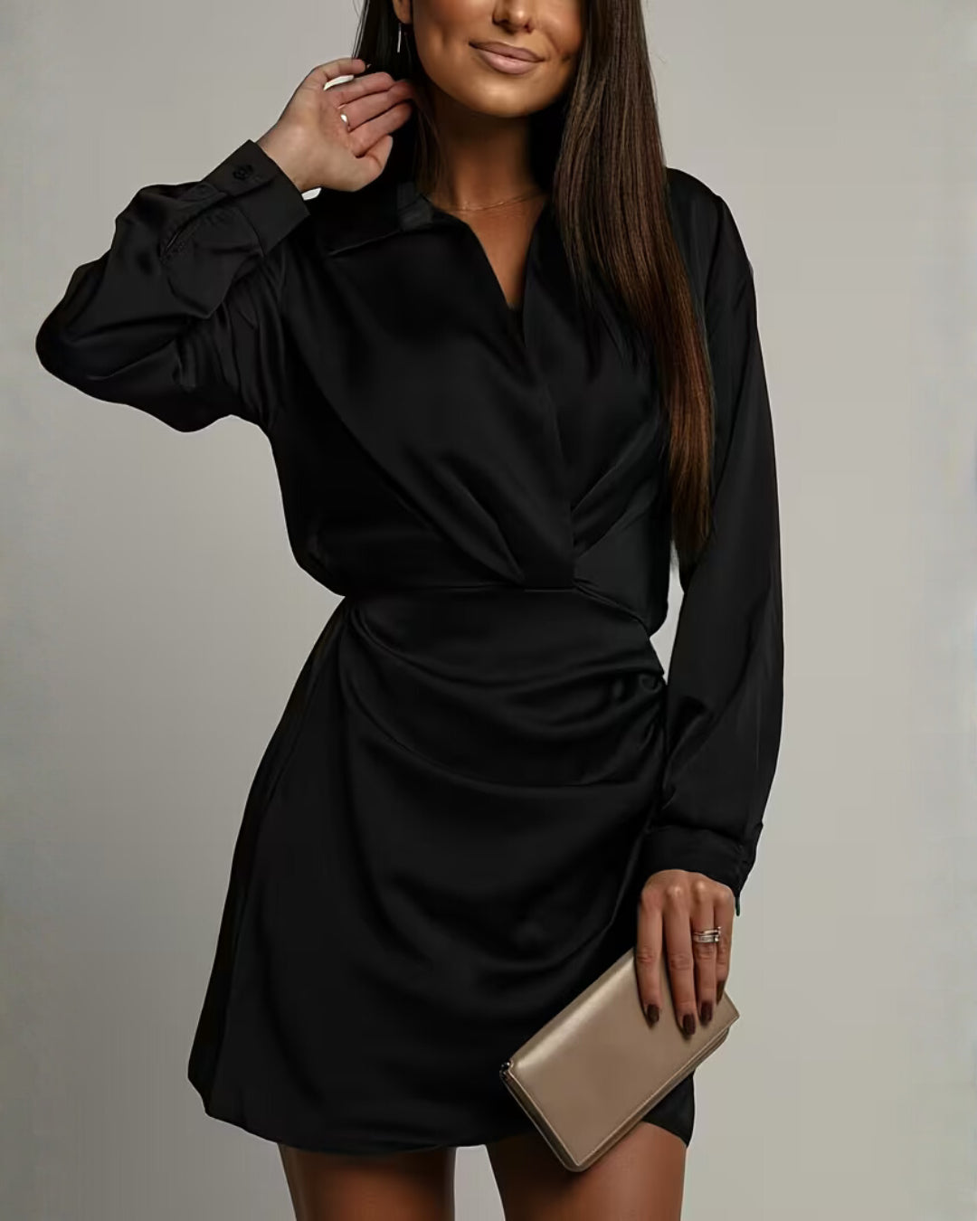 Mini Dress Women Satin Wrap | Elegant Long Sleeve Collar#colour_black
