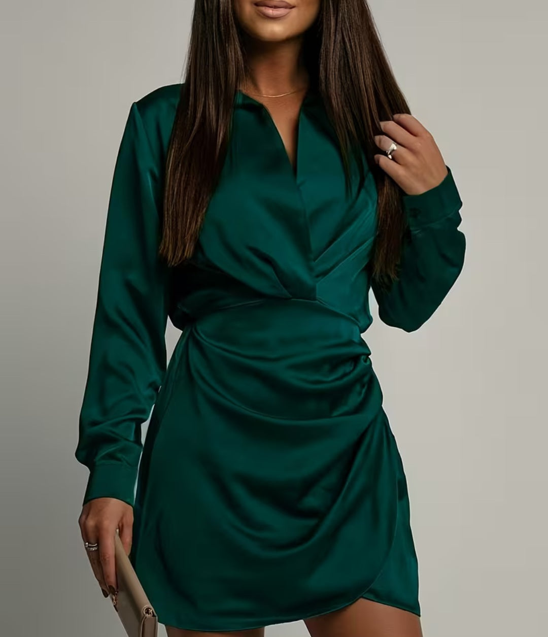 Mini Dress Women Satin Wrap | Elegant Long Sleeve Collar#colour_green