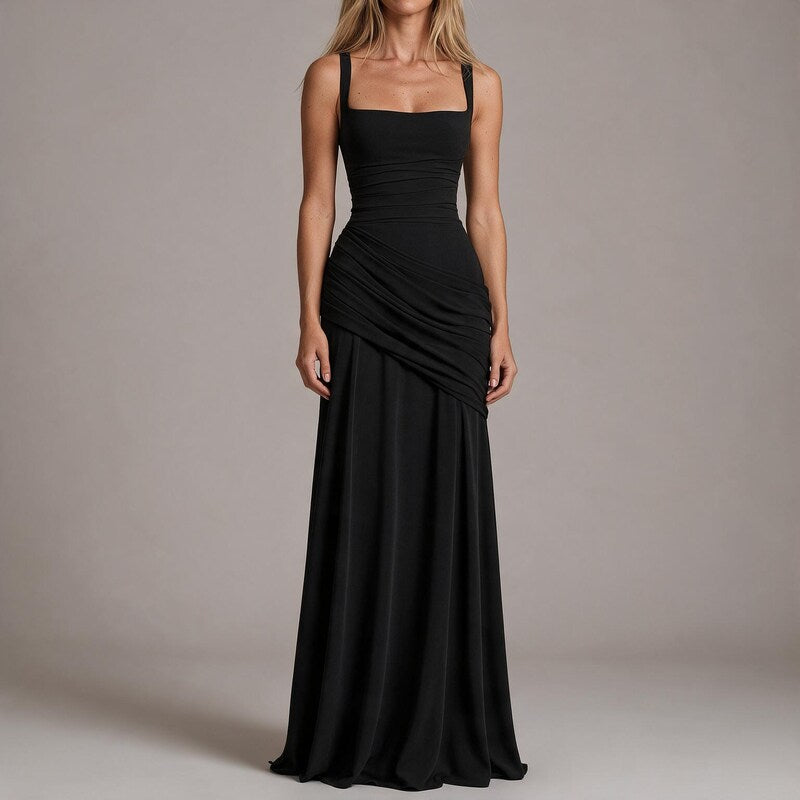 Formal Dresses Ruched Square Neck Maxi | Spaghetti Straps in Black#colour_black