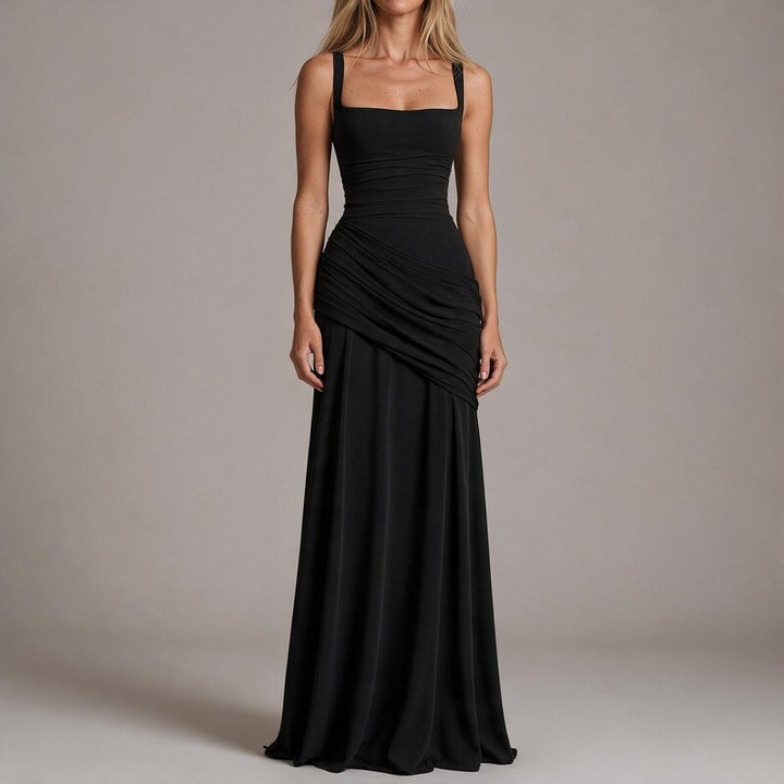 Formal Dresses Ruched Square Neck Maxi | Spaghetti Straps in Black#colour_black