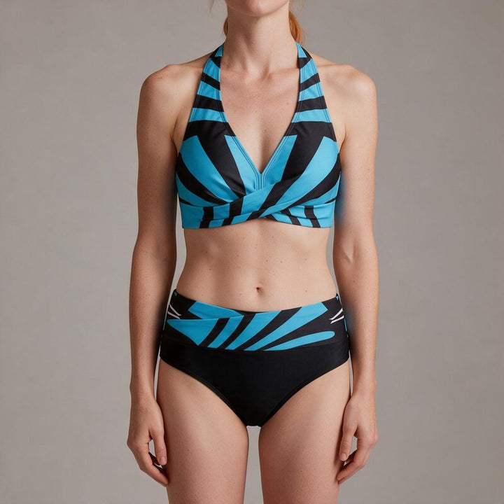 Bikini Halter Neck Set | High Waisted Bottom Bold Graphic Print in White#colour_white