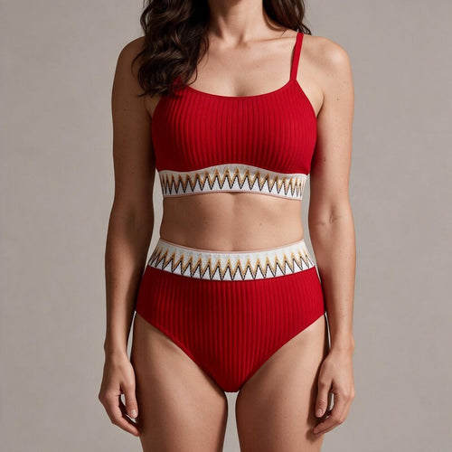 Bikini Ribbed Set | Contrast Trim Square Neck Top in Red#colour_red