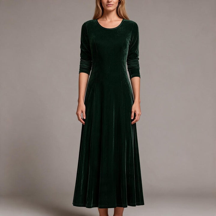 Party Dresses Velvet Long Sleeve A line | Round Neckline in Dark Green#colour_dark-green