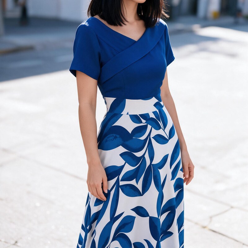 Maxi Dress Printed V neck | Short Sleeves Bold Abstract Pattern in Blue#colour_blue