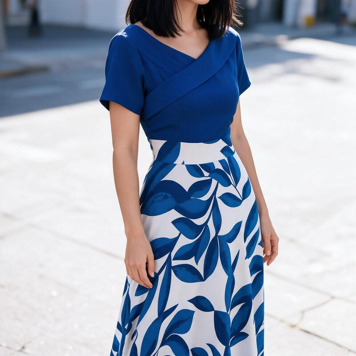 Maxi Dress Printed V neck | Short Sleeves Bold Abstract Pattern in Blue#colour_blue