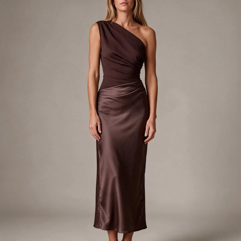 Maxi Dress One Shoulder Ruched | Satin Floor Length in Chocolate#colour_chocolate