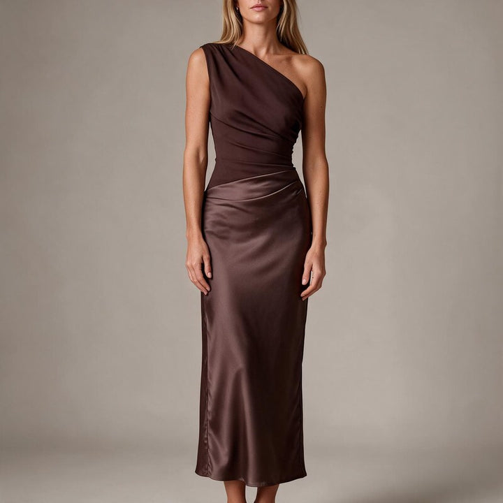 Maxi Dress One Shoulder Ruched | Satin Floor Length in Chocolate#colour_chocolate
