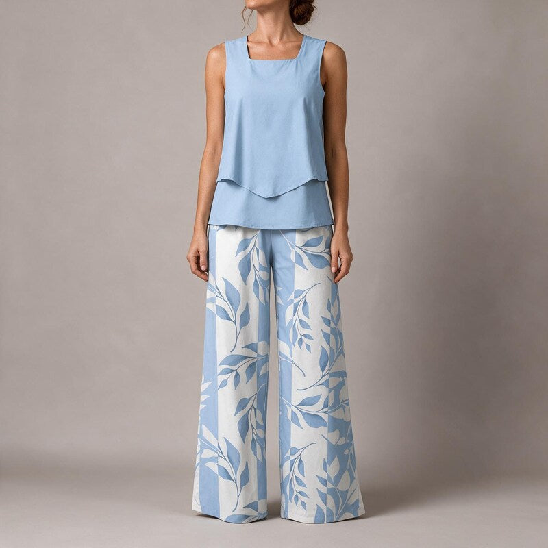 Pants Sleeveless Top | Matching Floral Print Wide Leg Trousers in Blue#colour_blue