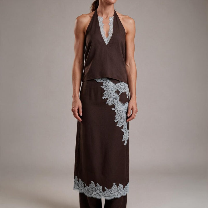 Skirts Halter Neck Top | Matching Maxi Skirt Lace Panel Detail in Brown#colour_brown