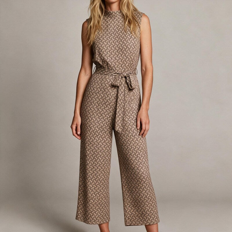 Jumpsuit Printed Wide Leg | High Neckline Sleeveless Cut Tie Waist in Brown#colour_brown