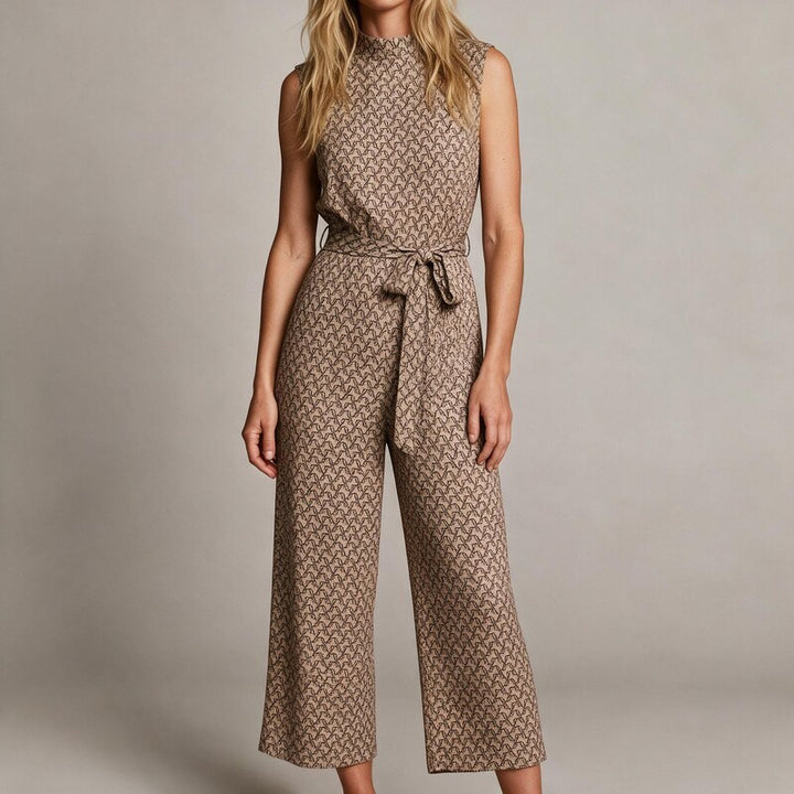 Jumpsuit Printed Wide Leg | High Neckline Sleeveless Cut Tie Waist in Brown#colour_brown