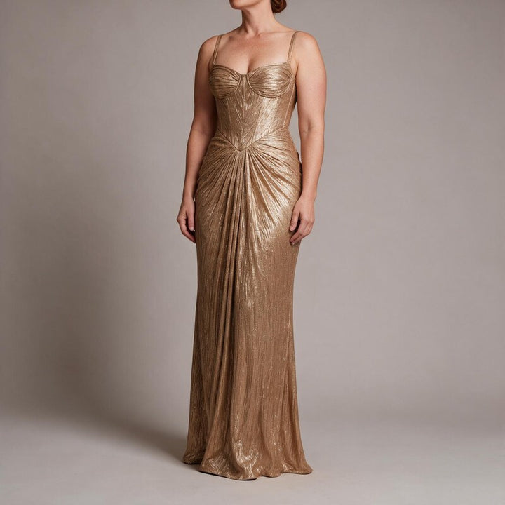 Corset Top Strapless Metallic Maxi Gown | Draped Detailing in Gold#colour_gold