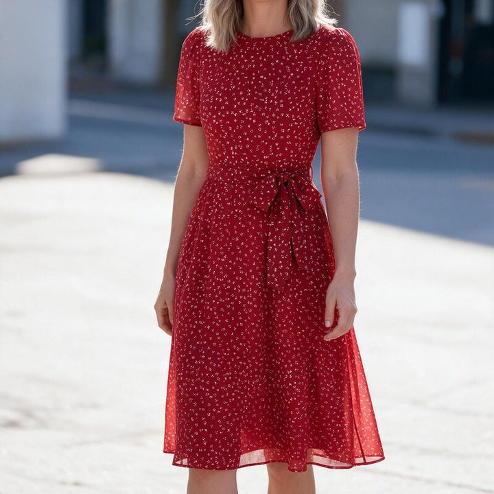 Floral Dress Ditsy Chiffon Midi | Round Neckline Short Sleeves Tie Waist in Red#colour_red