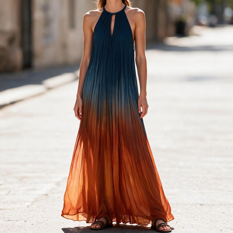 Party Dress Women Halter Neck | Flowy Ombre Chiffon Maxi Length#colour_multicolour